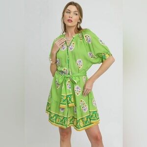 Umgee Floral Print Tie Waist Short Sleeve Dress